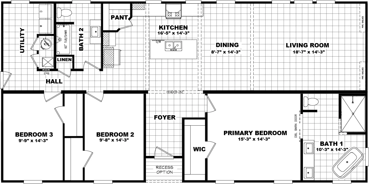 The 1452 FARMHOUSE 60X32 Floor Plan. This Manufactured Mobile Home features 3 bedrooms and 2 baths.