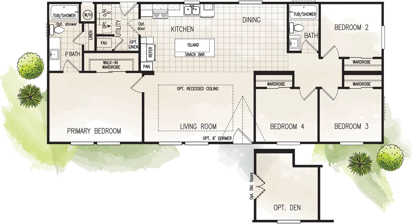 The FAIRPOINT 24564A Floor Plan. This Manufactured Mobile Home features 4 bedrooms and 2 baths.