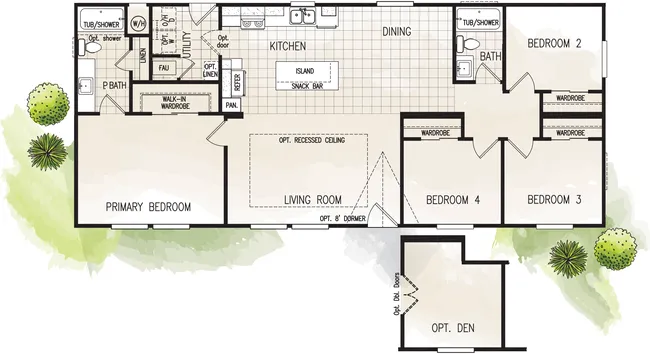 The FAIRPOINT 24564A Floor Plan. This Manufactured Mobile Home features 4 bedrooms and 2 baths.