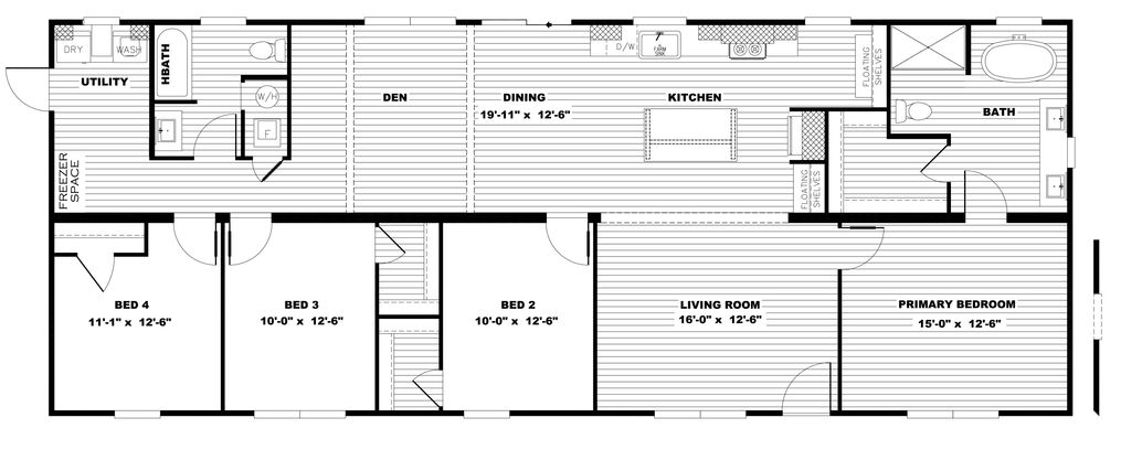The ANGELINA Floor Plan. This Manufactured Mobile Home features 4 bedrooms and 2 baths.