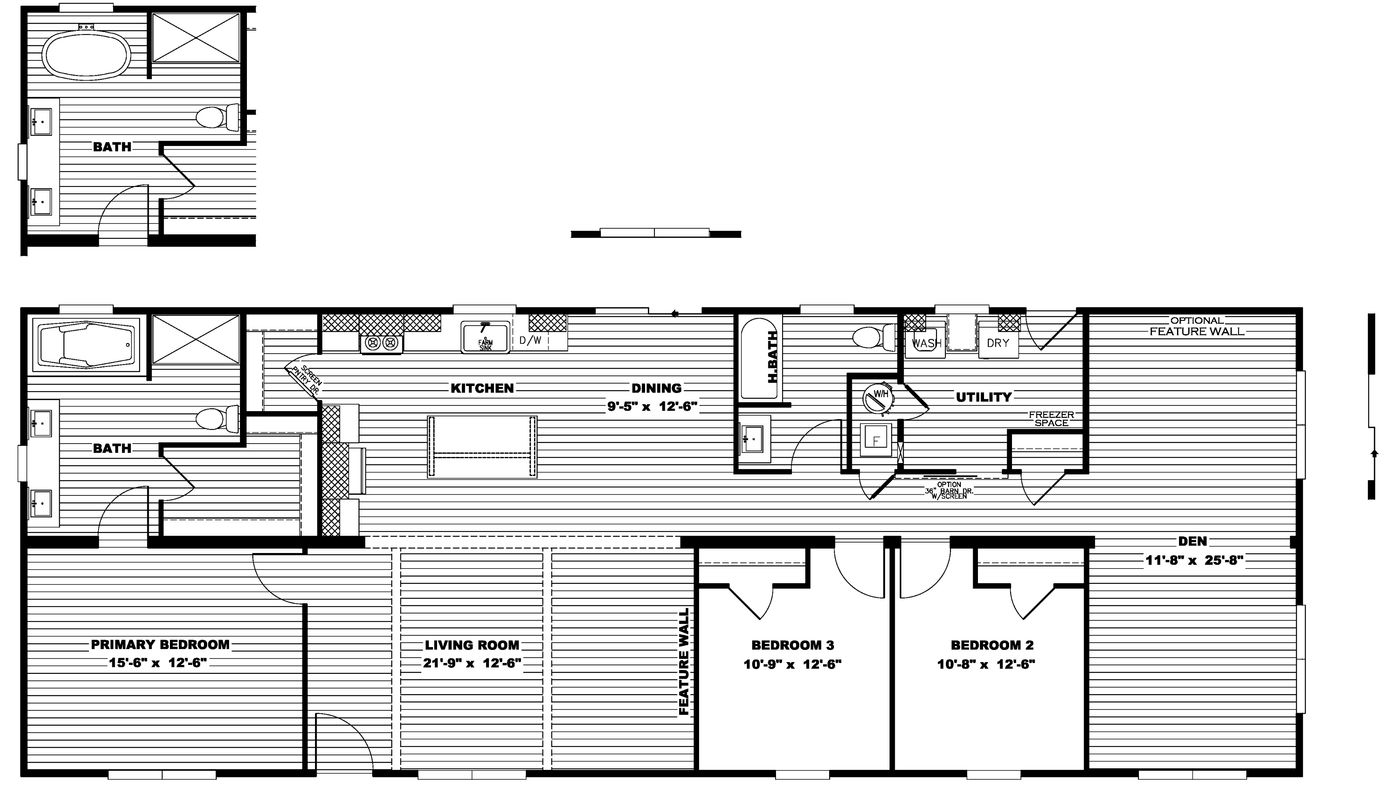 The FARM 3 FLEX DEN Floor Plan. This Manufactured Mobile Home features 3 bedrooms and 2 baths.