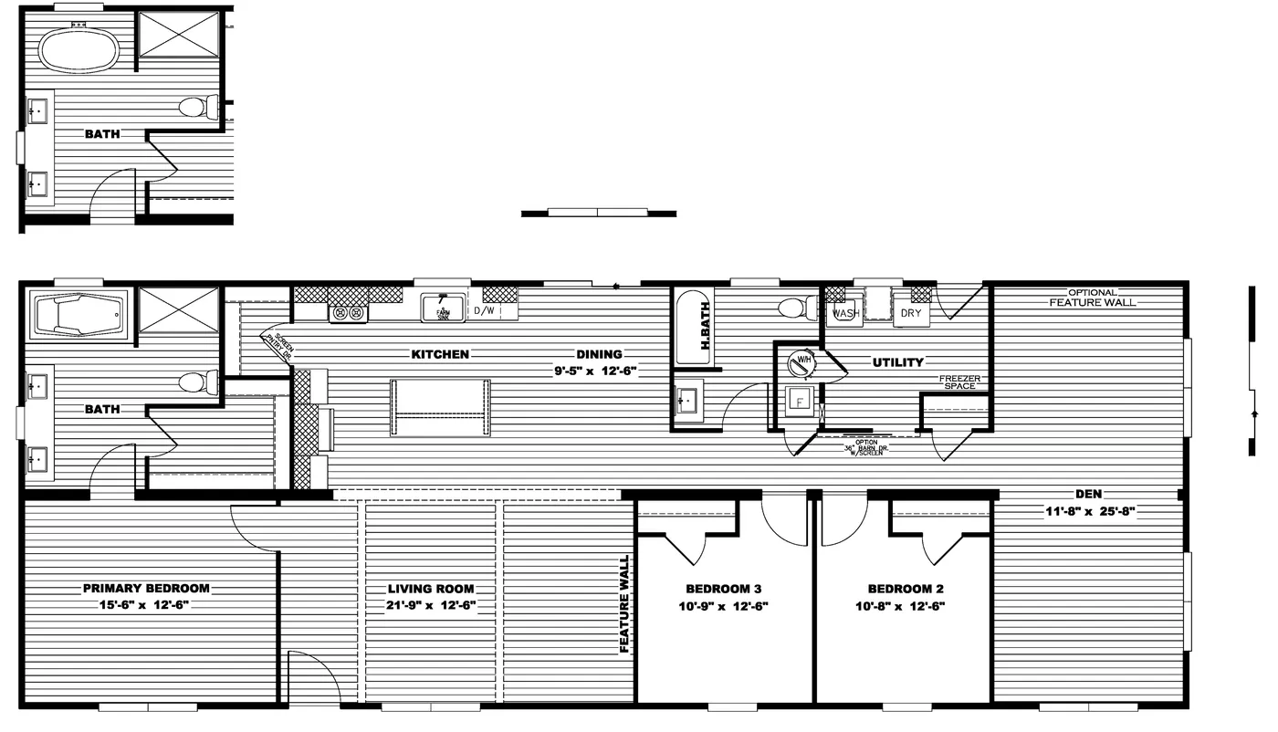 The FARM 3 FLEX DEN Floor Plan. This Manufactured Mobile Home features 3 bedrooms and 2 baths.