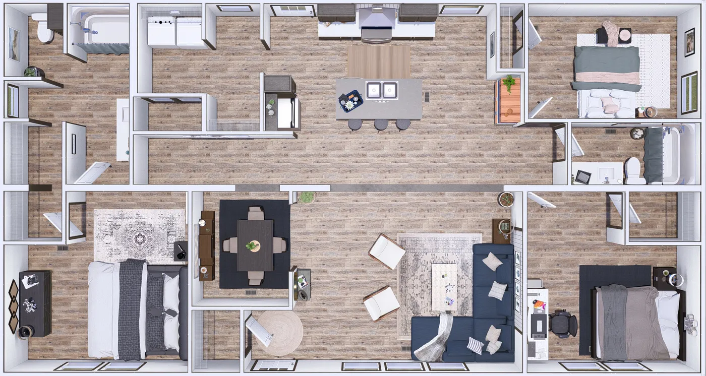 The DISCOVER 3D Floor Plan. This Manufactured Mobile Home features 3 bedrooms and 2 baths.