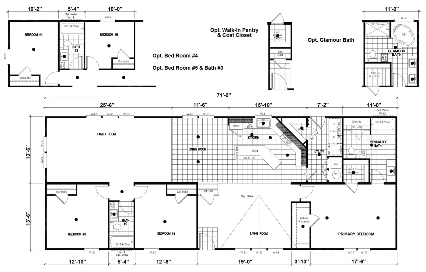 The DRM711F 71' DREAM Floor Plan. This Manufactured Mobile Home features 5 bedrooms and 3 baths.