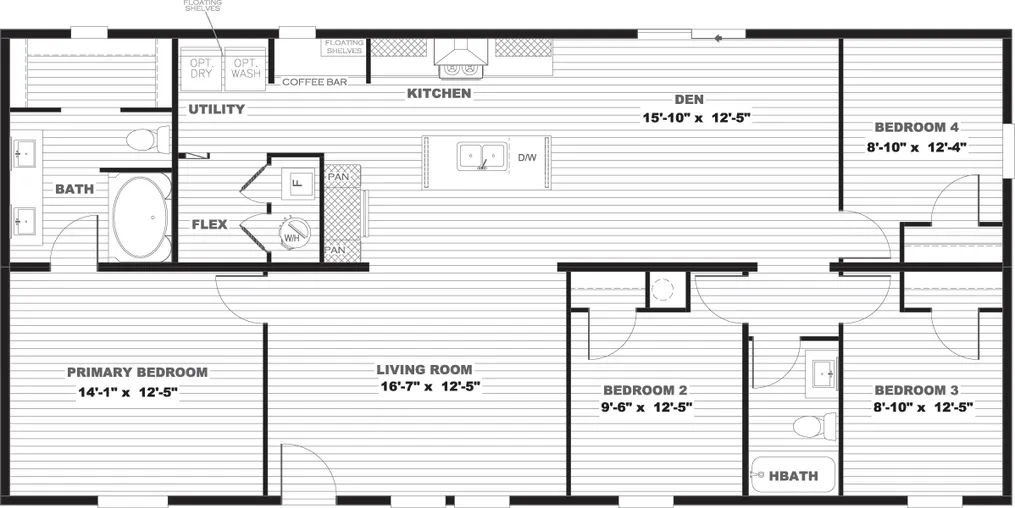 The BOONE Floor Plan. This Manufactured Mobile Home features 4 bedrooms and 2 baths.