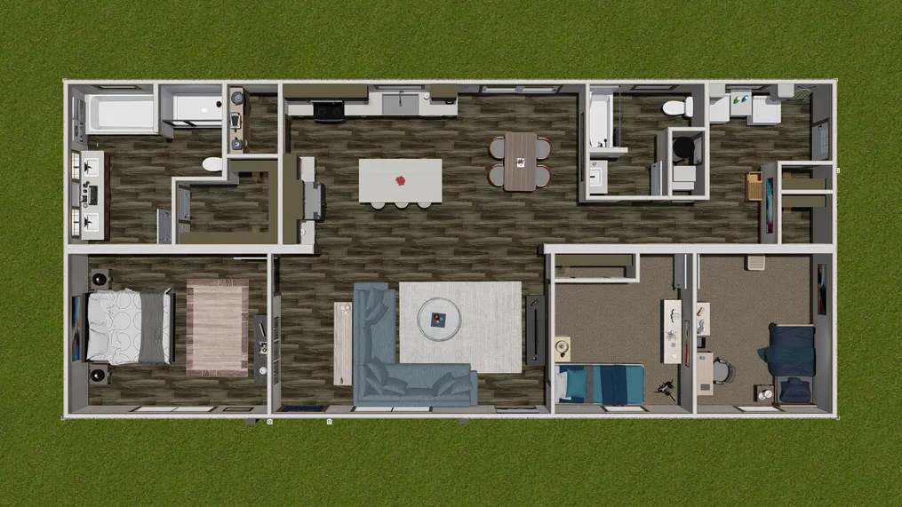 The FARM 3 FLEX Floor Plan. This Manufactured Mobile Home features 3 bedrooms and 2 baths.