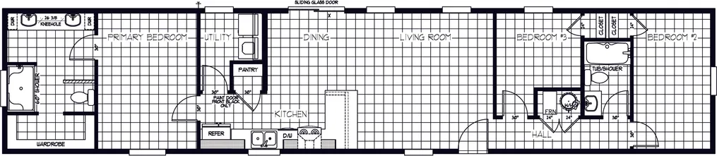 The SUNRISE 16X76 Floor Plan. This Manufactured Mobile Home features 3 bedrooms and 2 baths.