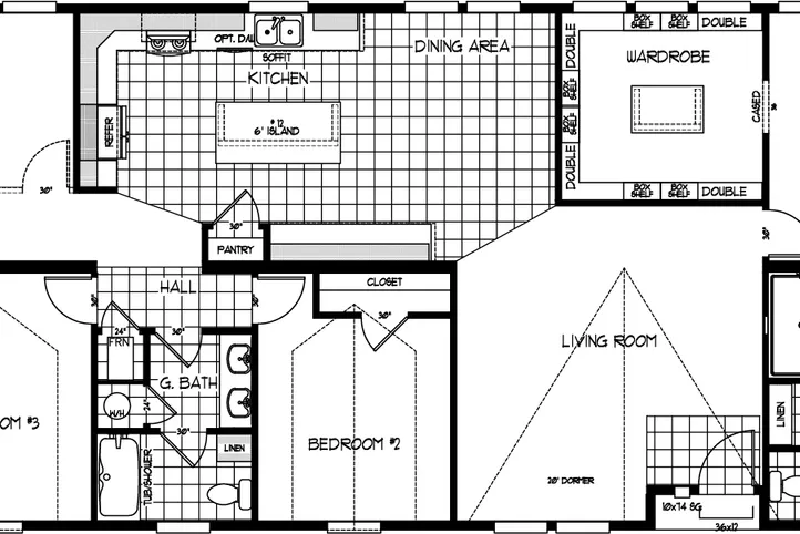 The ENCHANTMENT 3070A Floor Plan. This Manufactured Mobile Home features 3 bedrooms and 2 baths.