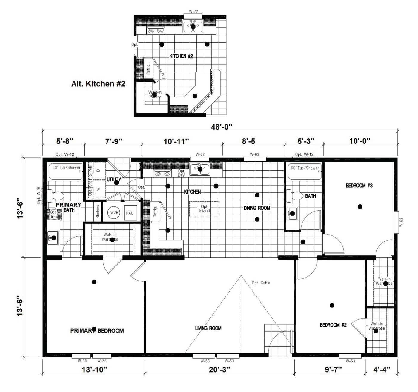 The DRM481F 48' DREAM Floor Plan. This Manufactured Mobile Home features 3 bedrooms and 2 baths.