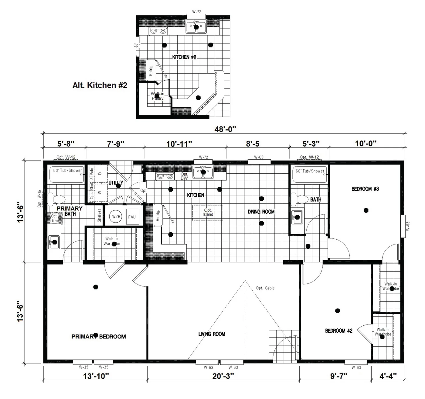 The DRM481F 48'              DREAM Floor Plan. This Manufactured Mobile Home features 3 bedrooms and 2 baths.