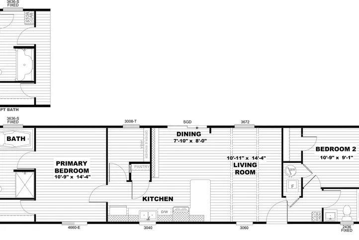 The ANNIVERSARY 16602A Floor Plan. This Manufactured Mobile Home features 2 bedrooms and 2 baths.