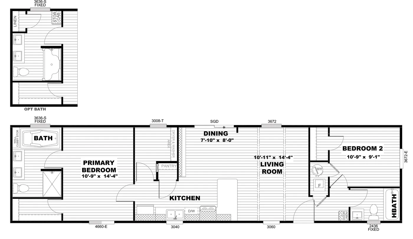 The ANNIVERSARY 16602A Floor Plan. This Manufactured Mobile Home features 2 bedrooms and 2 baths.