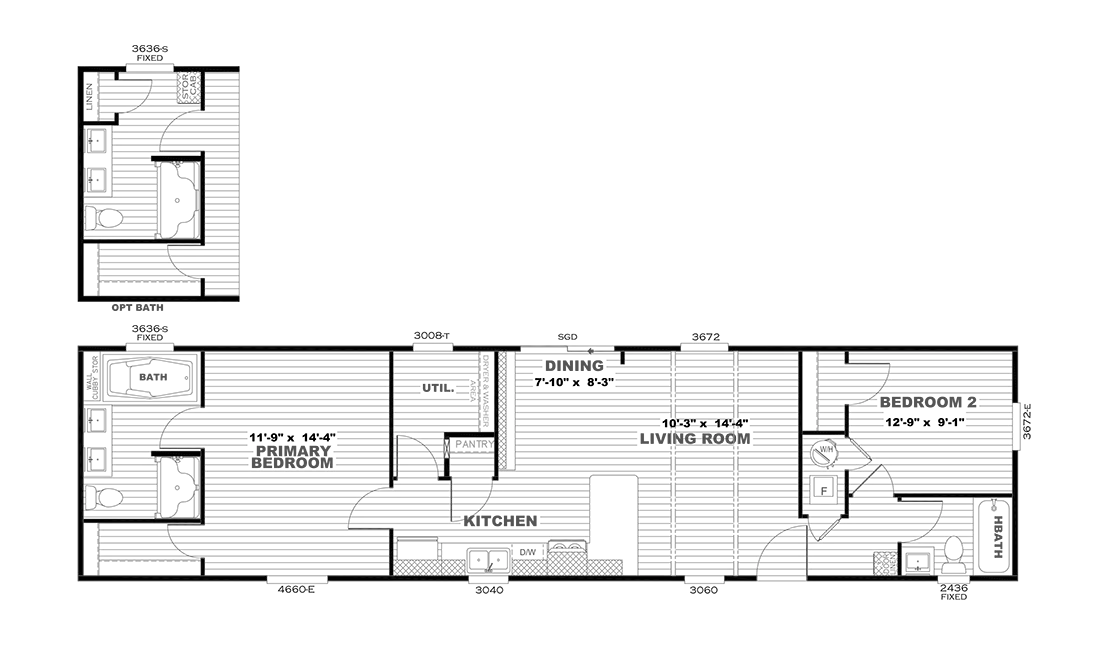 The ANNIVERSARY 16602A Floor Plan. This Manufactured Mobile Home features 2 bedrooms and 2 baths.