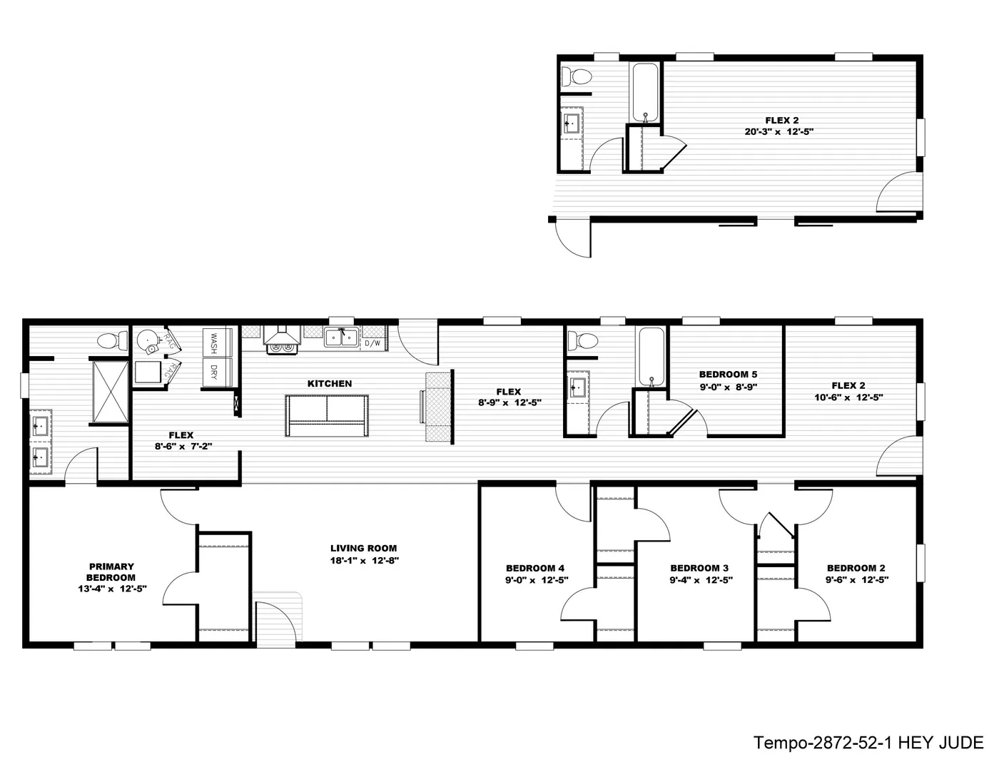 The HEY JUDE 7228-52-1 Floor Plan. This Manufactured Mobile Home features 5 bedrooms and 2 baths.