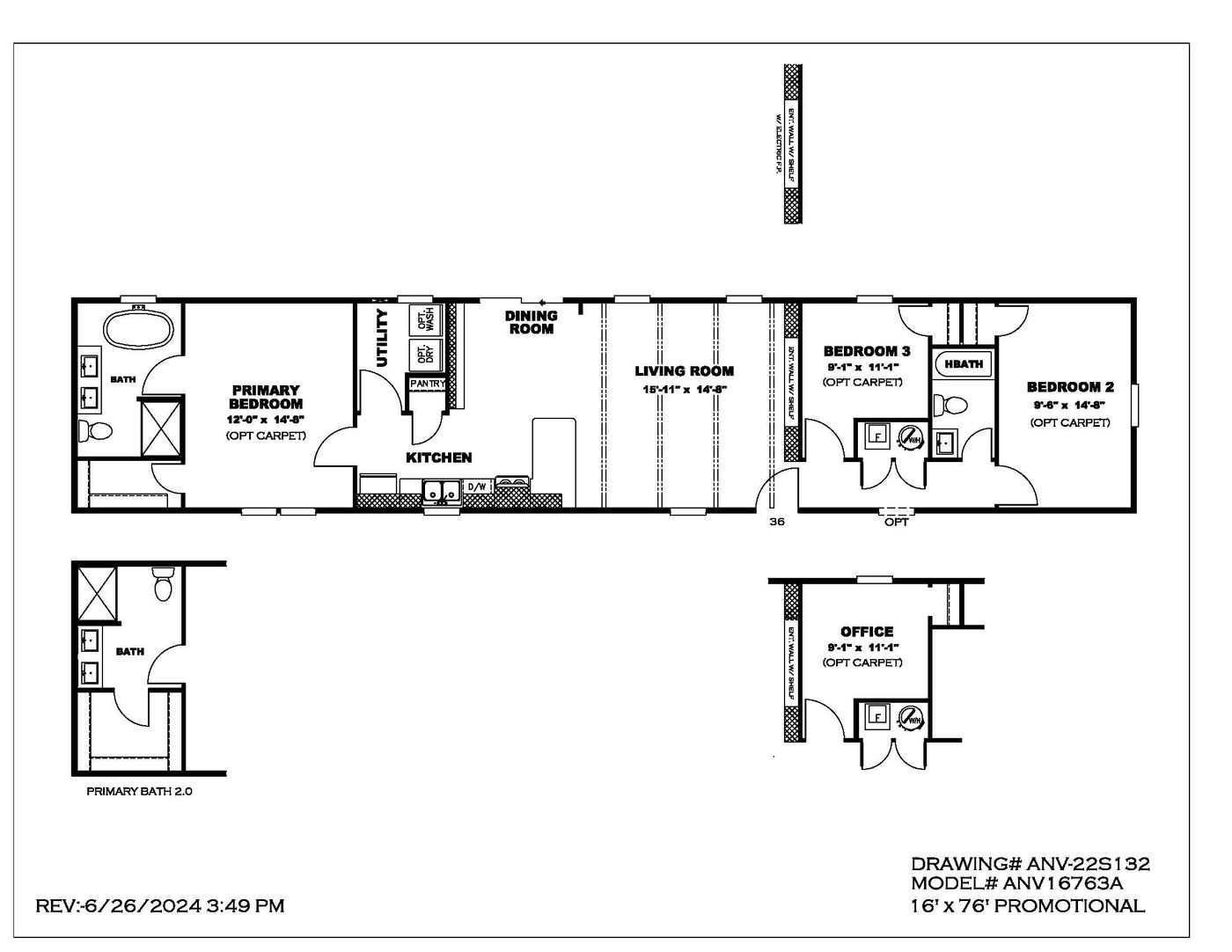 The THE ANNIVERSARY 76 Floor Plan. This Manufactured Mobile Home features 3 bedrooms and 2 baths.