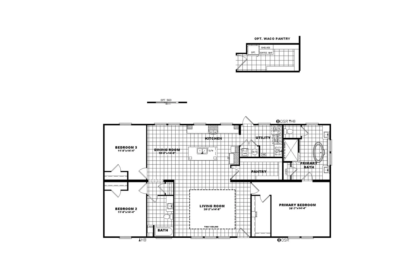 The THE OCEANSIDE 3 Floor Plan. This Manufactured Mobile Home features 3 bedrooms and 2 baths.
