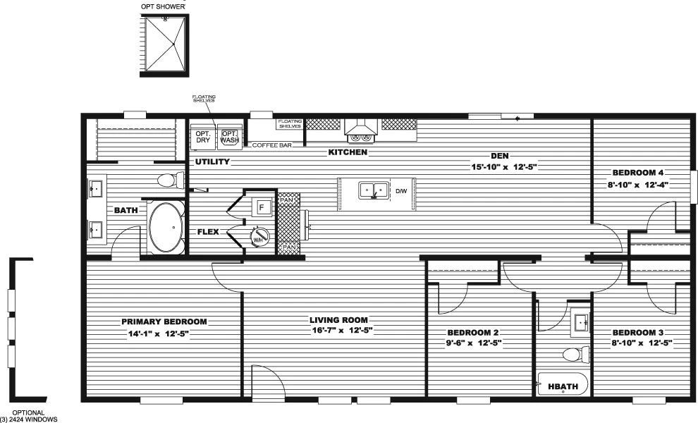 The BOONE Floor Plan. This Manufactured Mobile Home features 4 bedrooms and 2 baths.