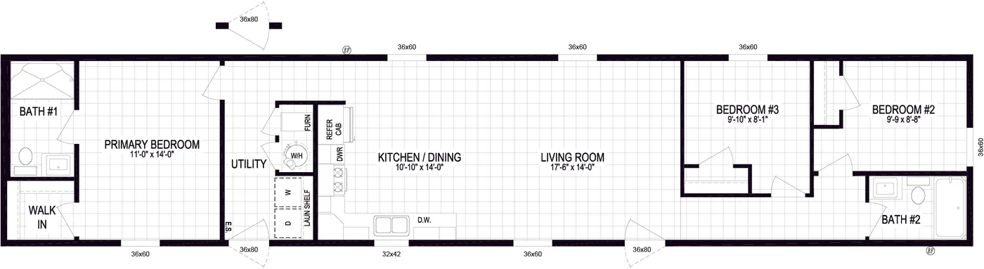 The 7616-SW023 Floor Plan. This Manufactured Mobile Home features 3 bedrooms and 2 baths.