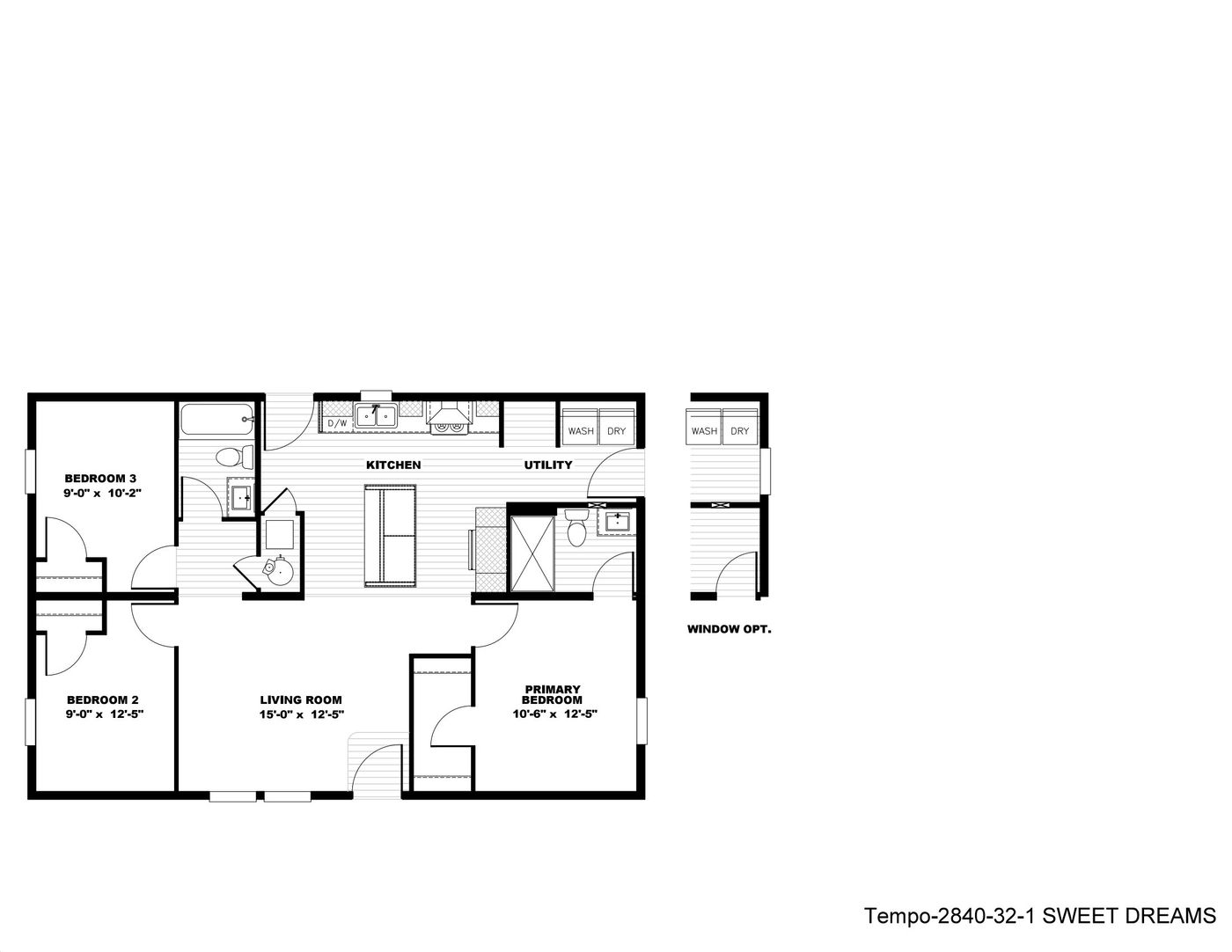 The SWEET DREAMS 4028-32-1 Floor Plan. This Manufactured Mobile Home features 3 bedrooms and 2 baths.