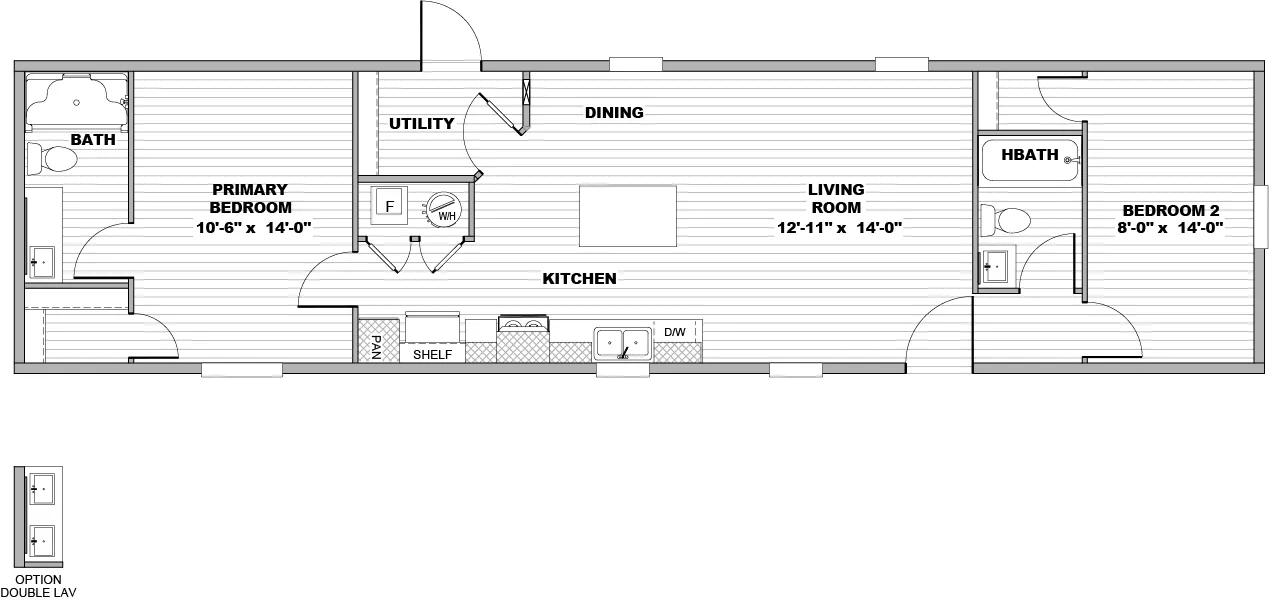 The HORIZON ATLAS 16602A Floor Plan. This Manufactured Mobile Home features 2 bedrooms and 2 baths.
