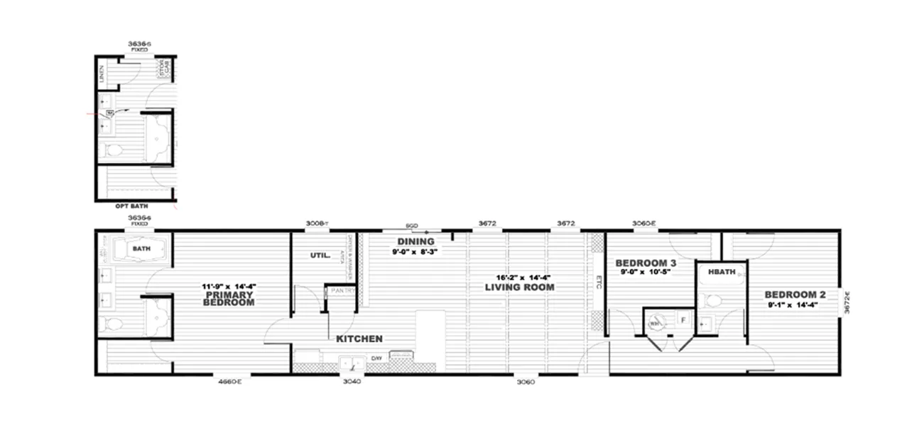 The PORCH LIVING SERIES 16682A Floor Plan. This Manufactured Mobile Home features 2 bedrooms and 2 baths.