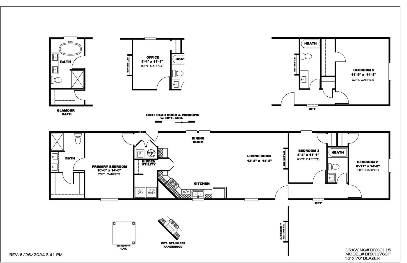 The BLAZER 76 P Floor Plan. This Manufactured Mobile Home features 3 bedrooms and 2 baths.