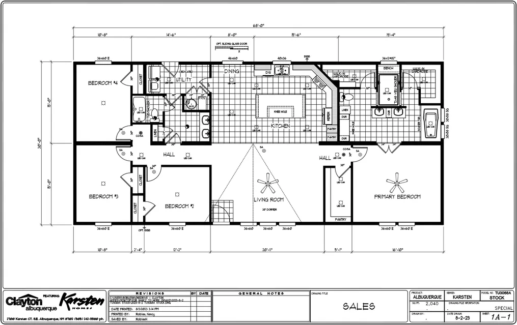 The TU3068A Floor Plan. This Manufactured Mobile Home features 4 bedrooms and 2 baths.