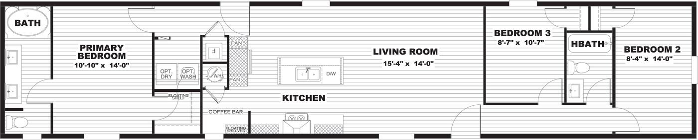 The ZION Floor Plan. This Manufactured Mobile Home features 3 bedrooms and 2 baths.