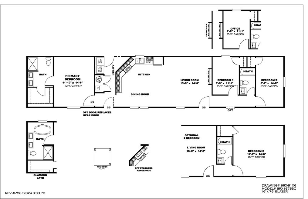 The BLAZER 76 C Floor Plan. This Manufactured Mobile Home features 3 bedrooms and 2 baths.