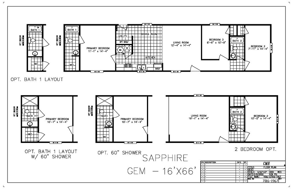 The SAPPHIRE Floor Plan. This Manufactured Mobile Home features 3 bedrooms and 2 baths.
