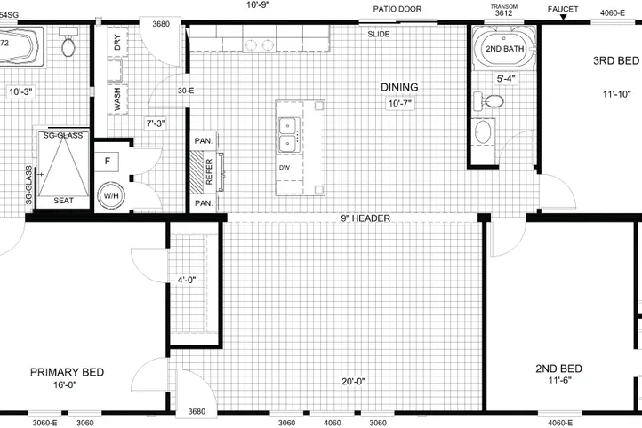 The THE PARKER Floor Plan. This Manufactured Mobile Home features 3 bedrooms and 2 baths.