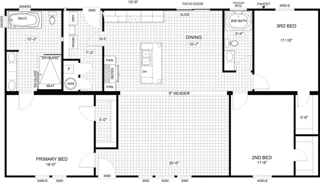 The THE PARKER Floor Plan. This Manufactured Mobile Home features 3 bedrooms and 2 baths.