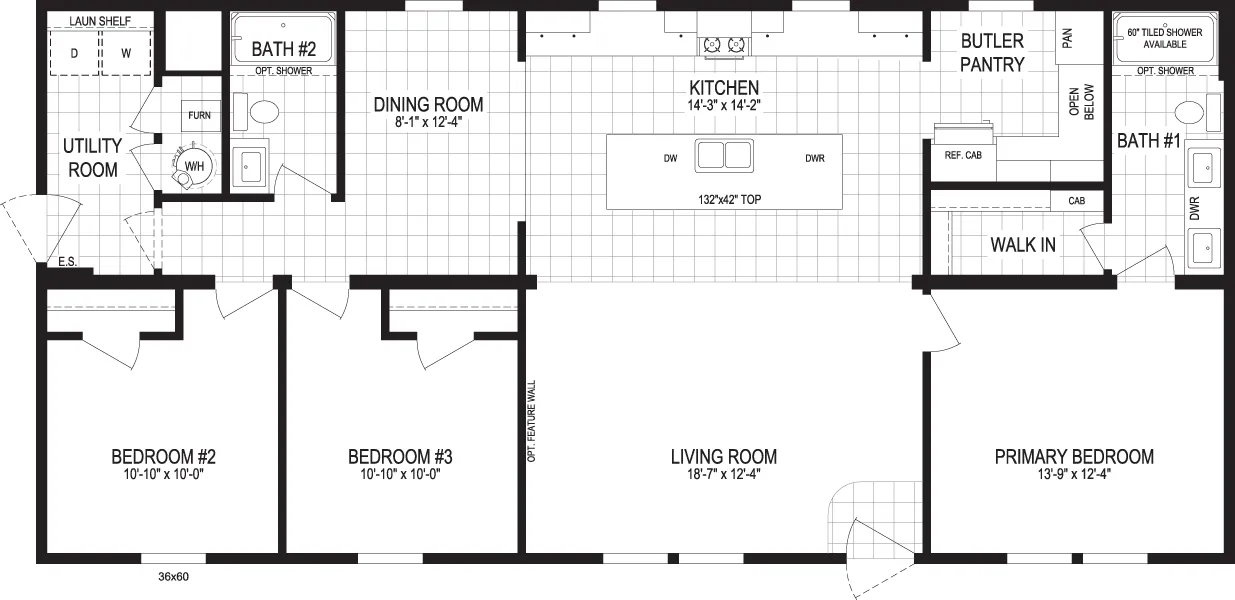 The BELVEDERE BLVD 5628-MS065 SECT Floor Plan. This Manufactured Mobile Home features 3 bedrooms and 2 baths.