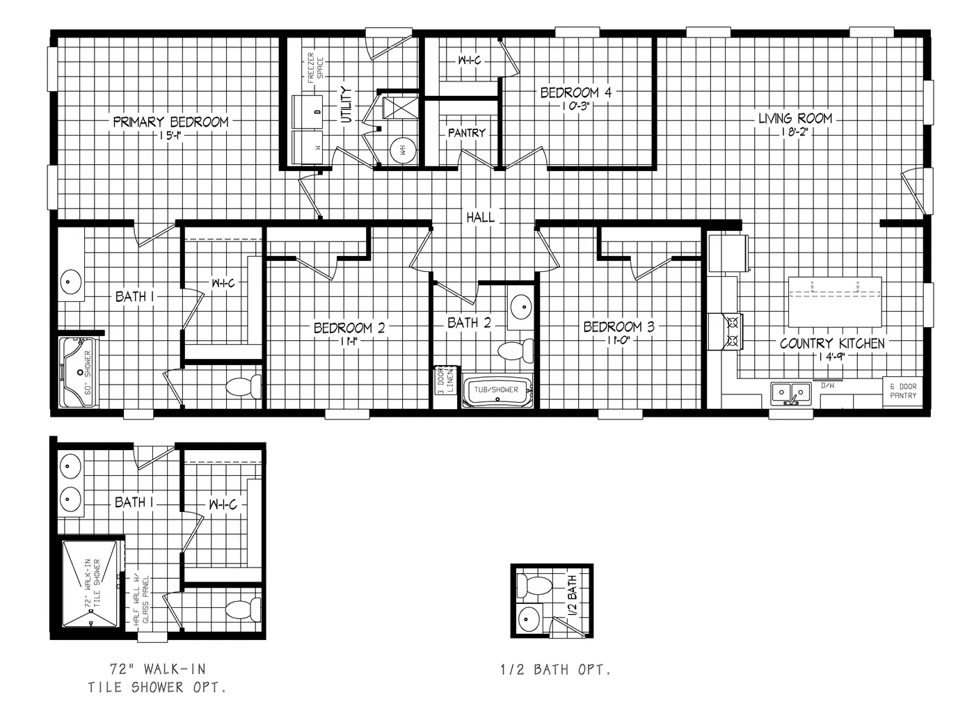 The RIGHT CHOICE 75 Floor Plan. This Manufactured Mobile Home features 4 bedrooms and 2 baths.