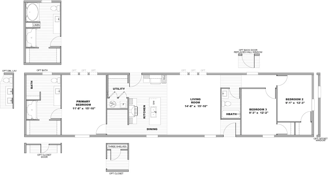The SENSATION Floor Plan. This Manufactured Mobile Home features 3 bedrooms and 2 baths.