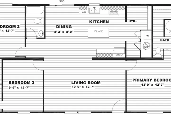 The SATISFACTION Floor Plan. This Manufactured Mobile Home features 3 bedrooms and 2 baths.