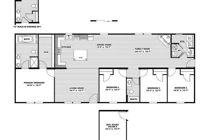 The ULTRA PRO 4 BR 28X68 Floor Plan. This Manufactured Mobile Home features 4 bedrooms and 2 baths.