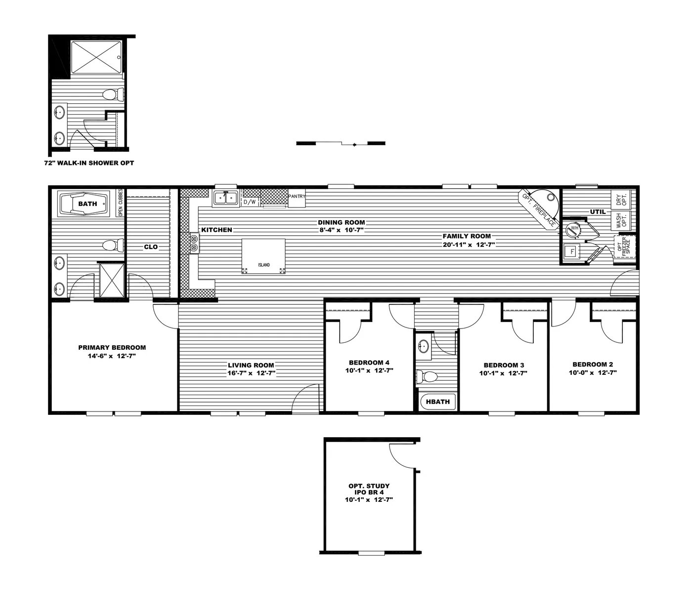 The ULTRA PRO 4 BR 28X68 Floor Plan. This Manufactured Mobile Home features 4 bedrooms and 2 baths.