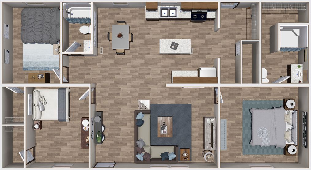 The SATISFACTION Floor Plan. This Manufactured Mobile Home features 3 bedrooms and 2 baths.