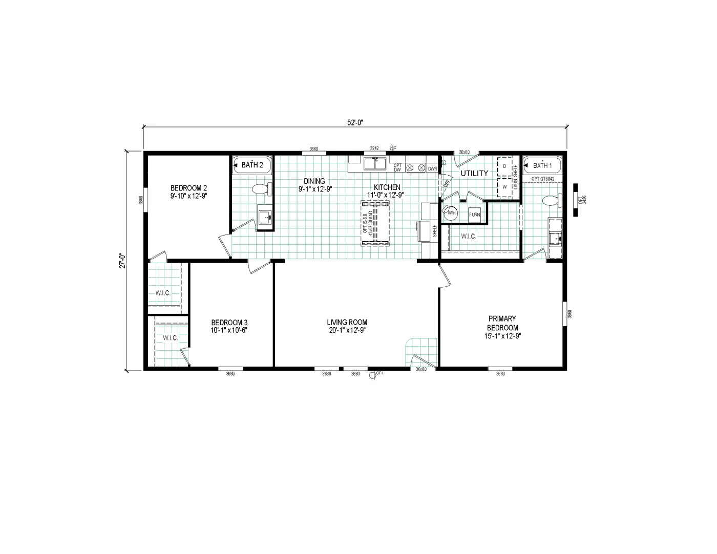The 5228-E201 ADRENALINE Floor Plan. This Manufactured Mobile Home features 3 bedrooms and 2 baths.