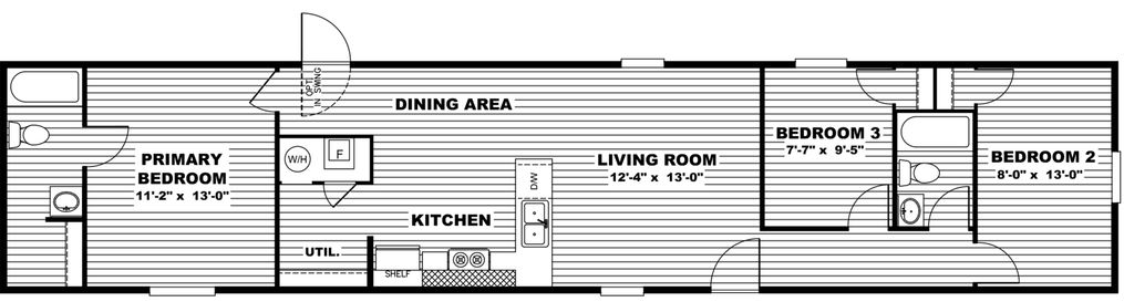 The ELATION Floor Plan. This Manufactured Mobile Home features 3 bedrooms and 2 baths.