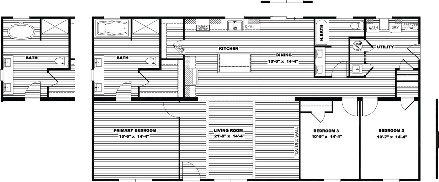 The FARM 3 FLEX ELITE Floor Plan. This Manufactured Mobile Home features 3 bedrooms and 2 baths.