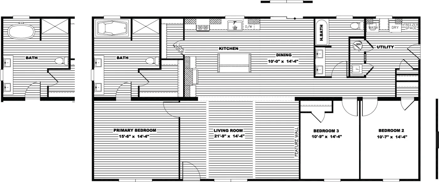 The FARM 3 FLEX ELITE Floor Plan. This Manufactured Mobile Home features 3 bedrooms and 2 baths.