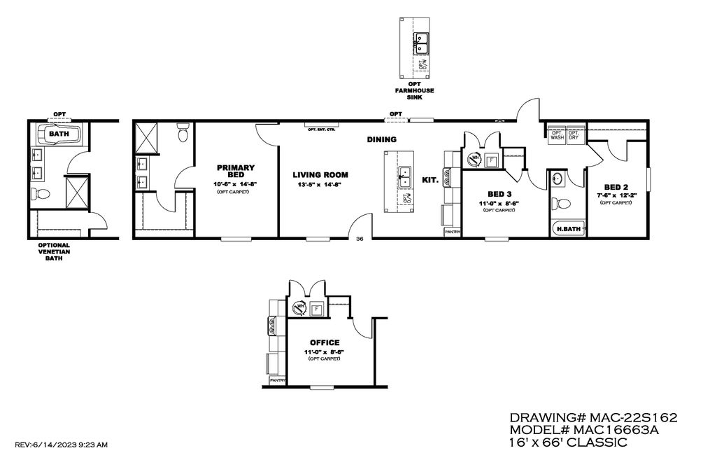 The MAYNARDVILLE CLASSIC 66 Floor Plan. This Manufactured Mobile Home features 3 bedrooms and 2 baths.