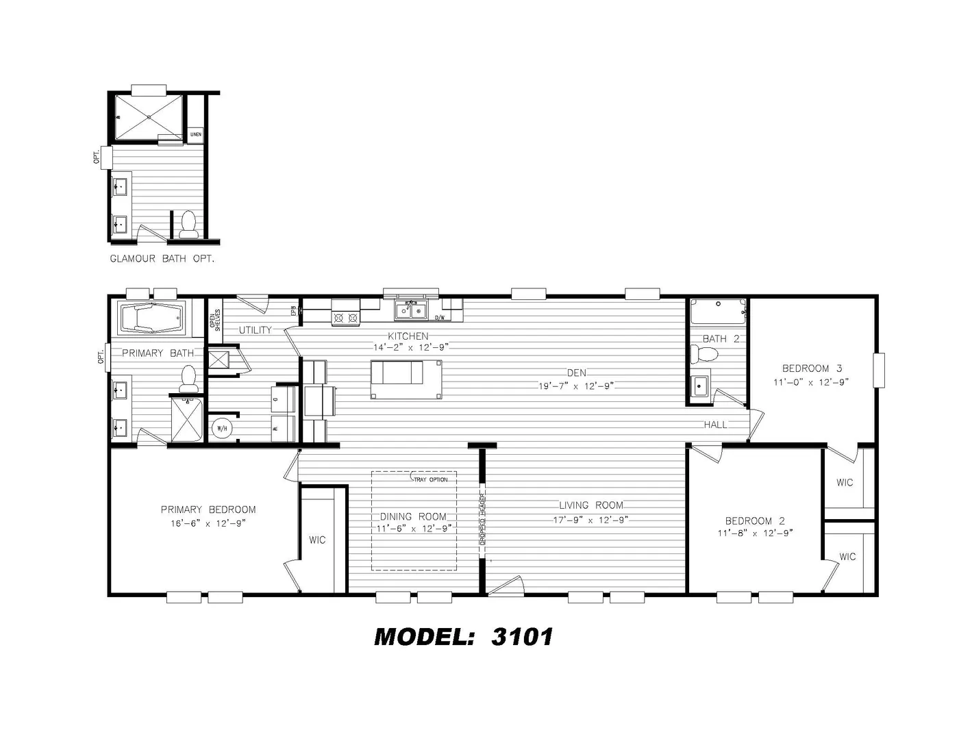 The HERITAGE 3101 Floor Plan. This Manufactured Mobile Home features 3 bedrooms and 2 baths.
