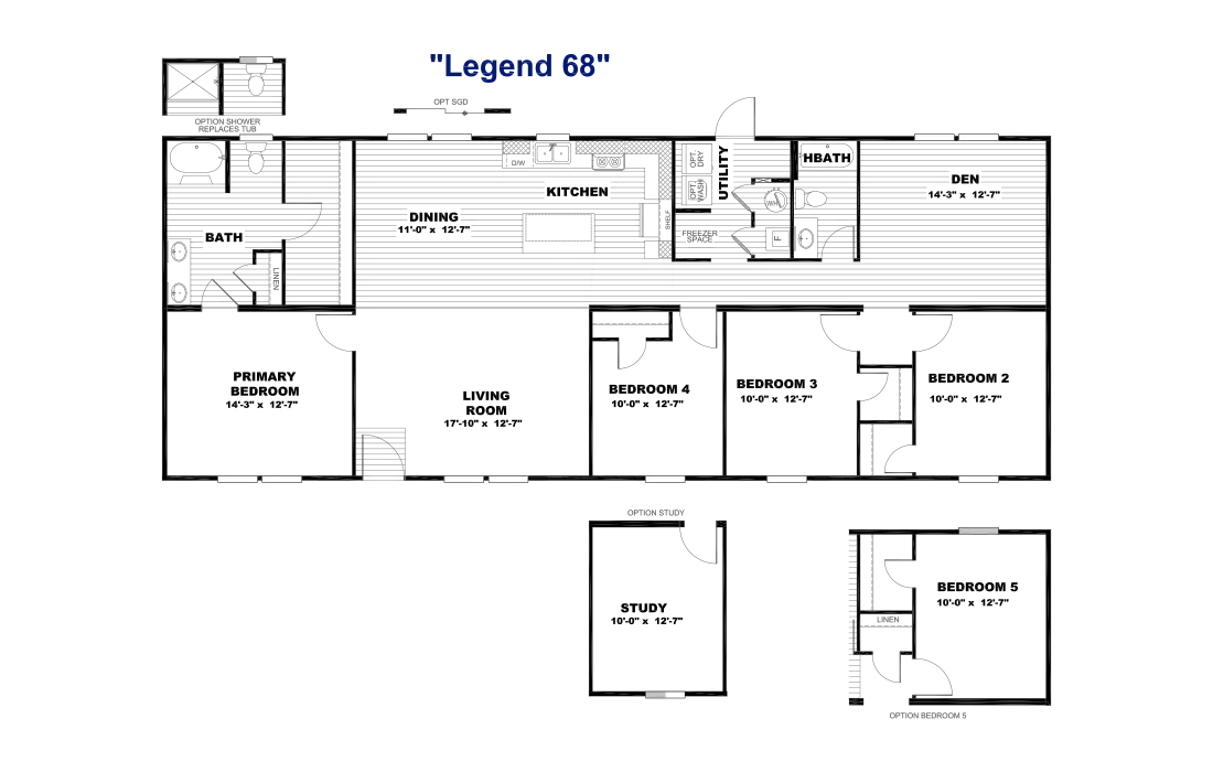 The LEGEND 28X68 Floor Plan. This Manufactured Mobile Home features 4 bedrooms and 2 baths.