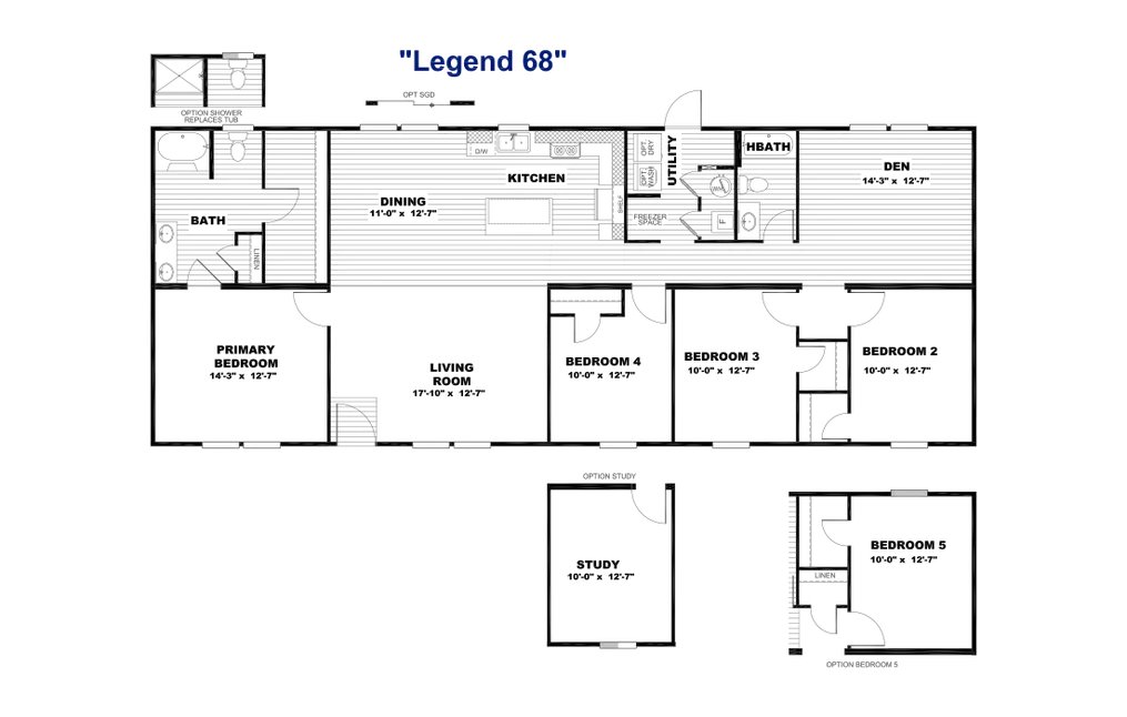 The LEGEND 28X68 Floor Plan. This Manufactured Mobile Home features 4 bedrooms and 2 baths.