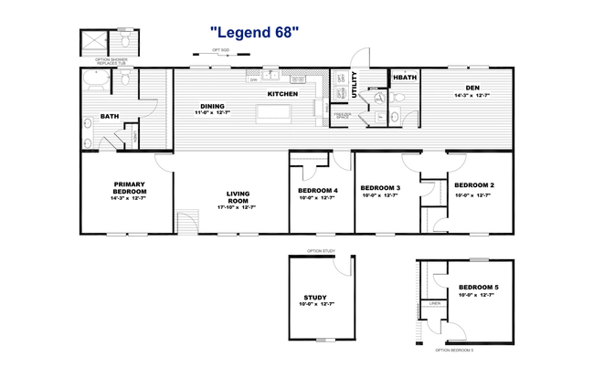 The LEGEND 28X68 Floor Plan. This Manufactured Mobile Home features 4 bedrooms and 2 baths.