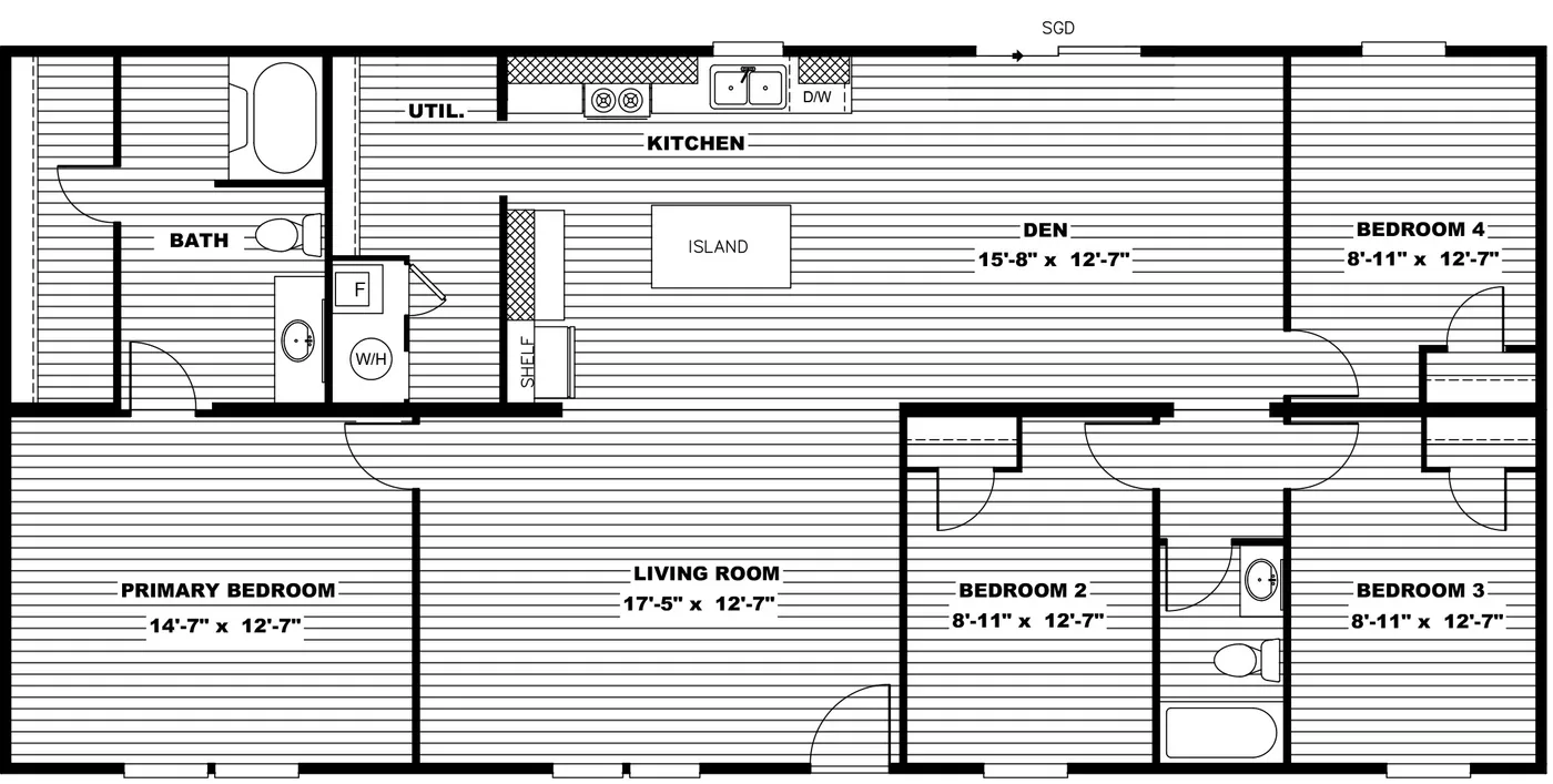 The MARVEL Floor Plan. This Manufactured Mobile Home features 4 bedrooms and 2 baths.