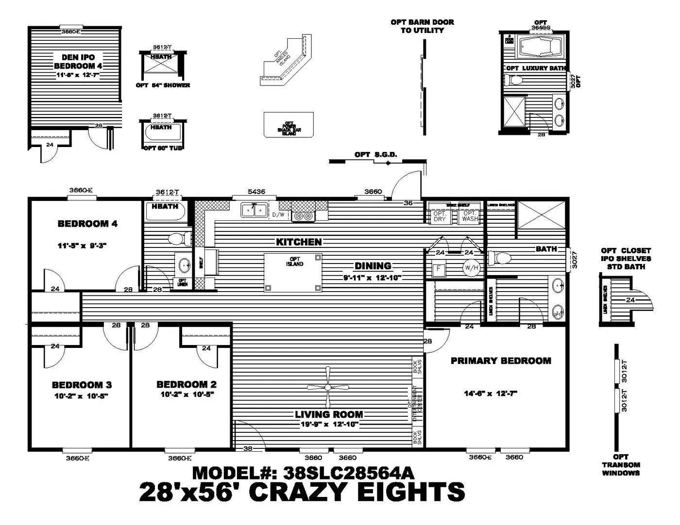The CRAZY EIGHTS Floor Plan. This Manufactured Mobile Home features 4 bedrooms and 2 baths.